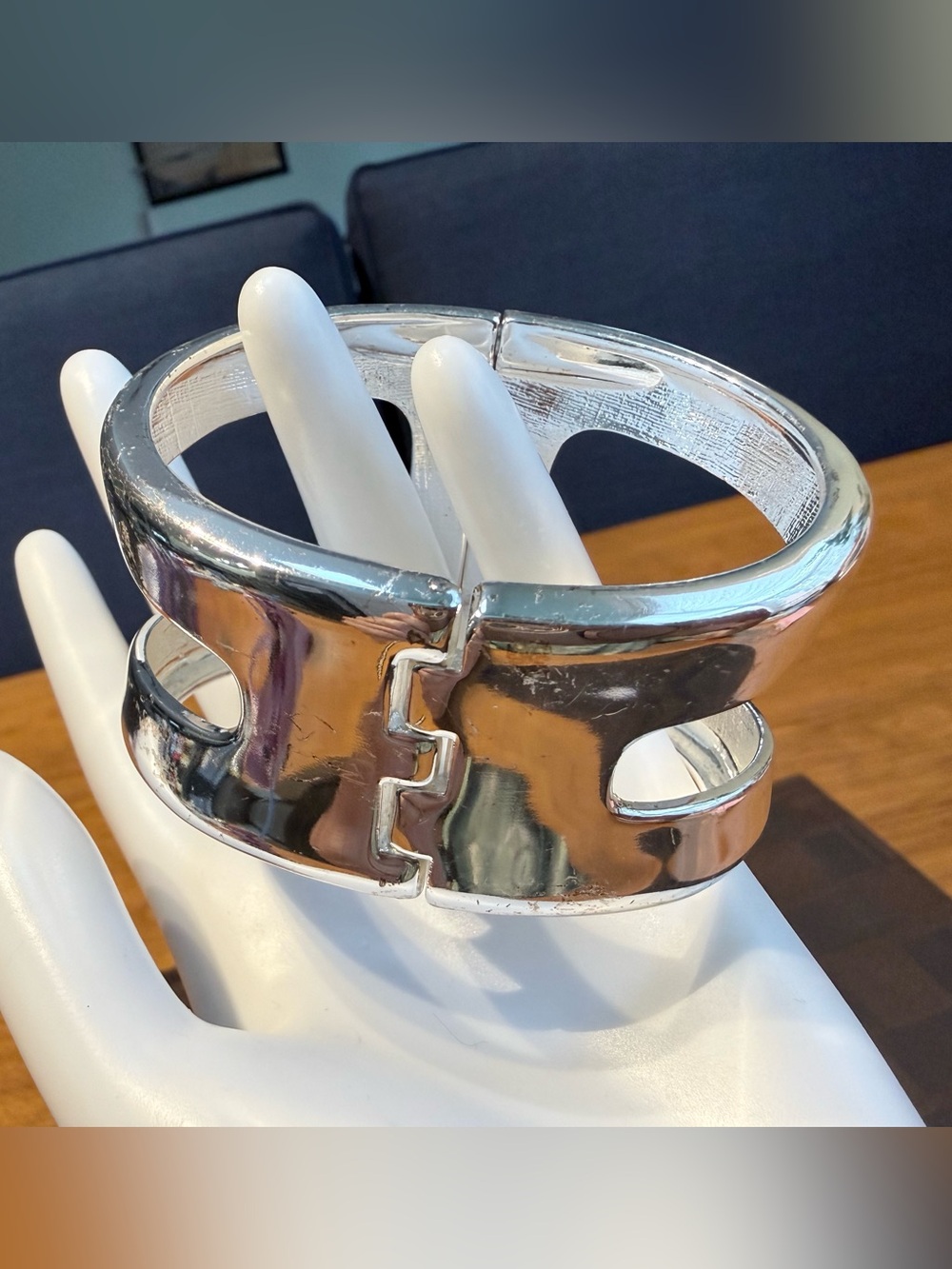 Silver Tone 2" Wide Modernist H Cutout Chunky Hinged
Bangle Bracelet - Picture 12 of 15